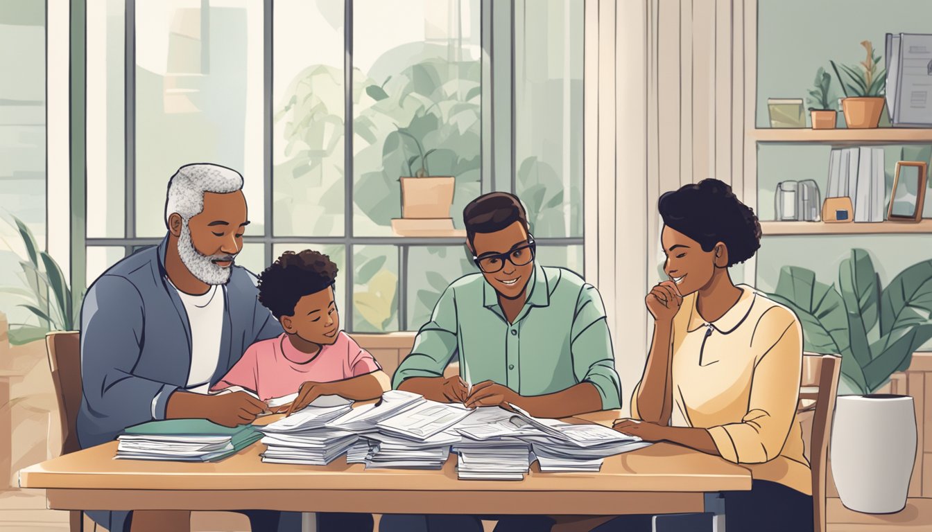 A family sitting at a table, reviewing loan options from different banks. Papers and calculators are spread out as they discuss financial planning for education