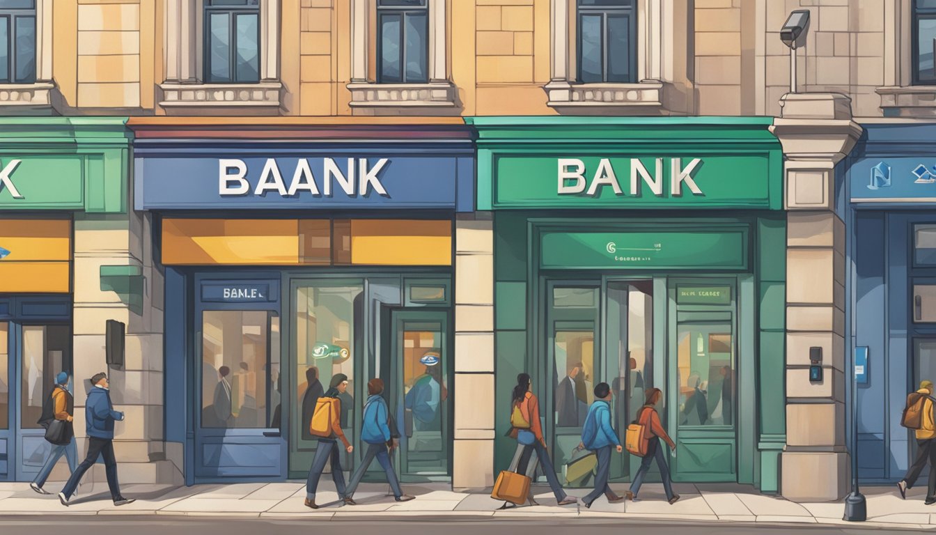 A row of bank logos displayed on a city street, with people entering and exiting the buildings