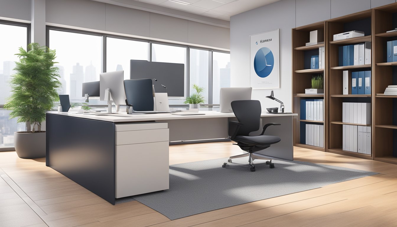 A clean, modern office setting with sleek, professional attire on display. The brand's logo prominently featured in the background
