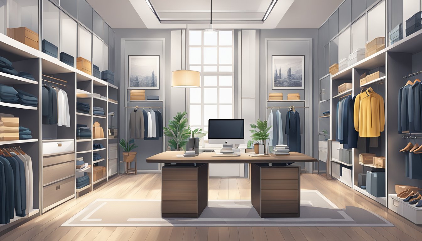 A sleek office space with racks of stylish clothing from top brands. Trendy suits, blouses, and accessories are neatly displayed