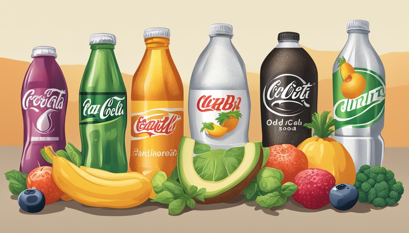 Various old diet soda brands displayed alongside fresh fruits and vegetables, emphasizing the cultural impact and health aspects of these products
