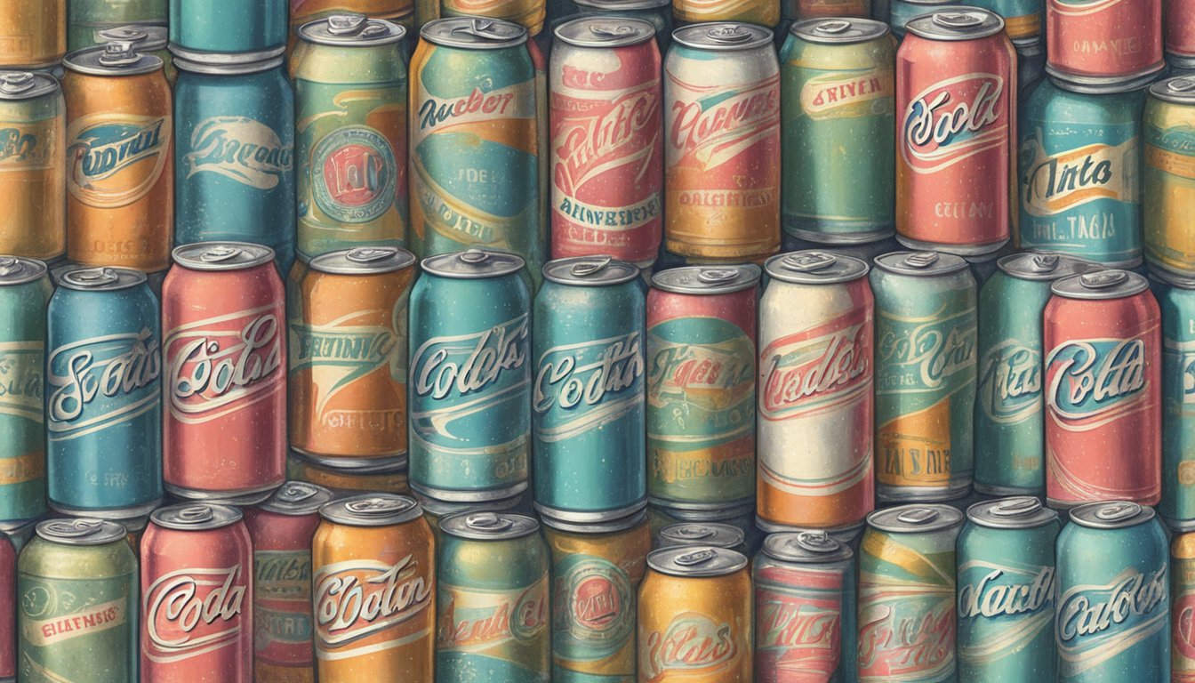 A stack of vintage soda cans with faded labels, surrounded by a group of curious onlookers