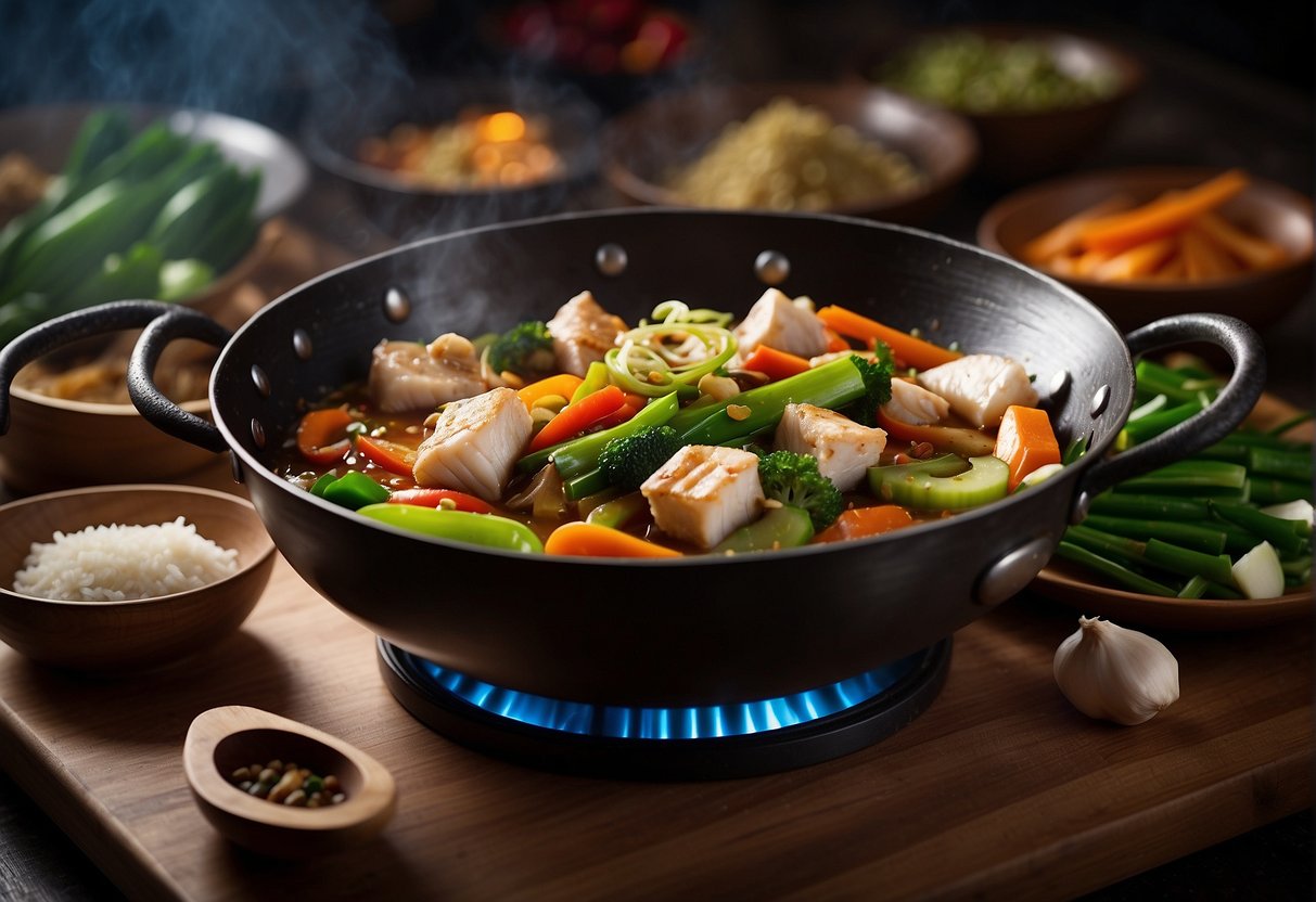 A wok sizzles with ginger, garlic, and scallions as a fish head simmers in a savory Chinese sauce, surrounded by colorful vegetables and aromatic spices