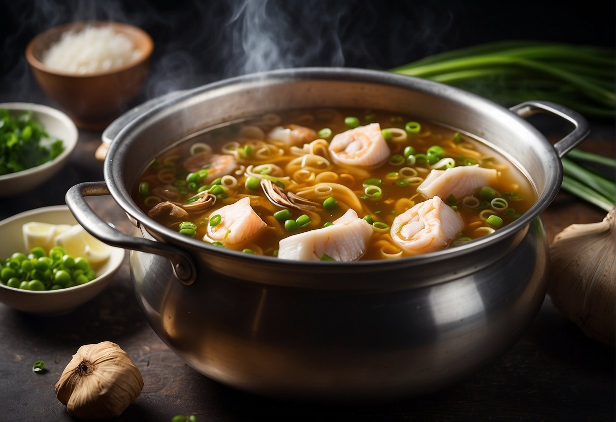 A large pot boiling with fish heads, ginger, and green onions in a fragrant broth. Ingredients like soy sauce and rice wine sit nearby