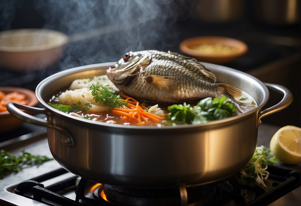 A large pot simmering on a stove, filled with fish heads, ginger, and various herbs. Steam rising, evoking the rich history and cultural significance of Chinese fish head soup