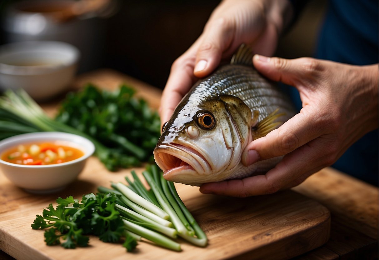 A hand reaches for a fish head, ginger, and green onions on a wooden cutting board for a Chinese fish head soup recipe