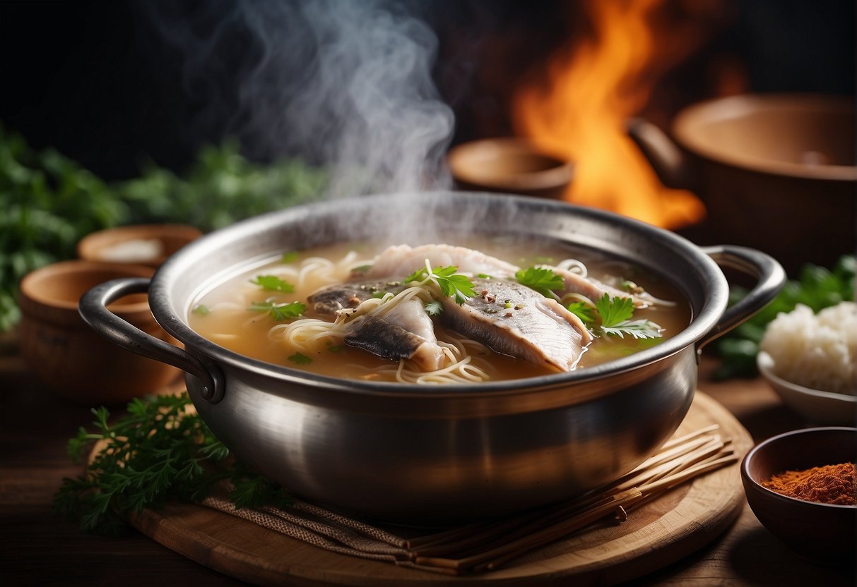A steaming pot of Chinese fish head soup, surrounded by traditional herbs and spices, symbolizing the rich history and cultural significance of this dish in Chinese cuisine