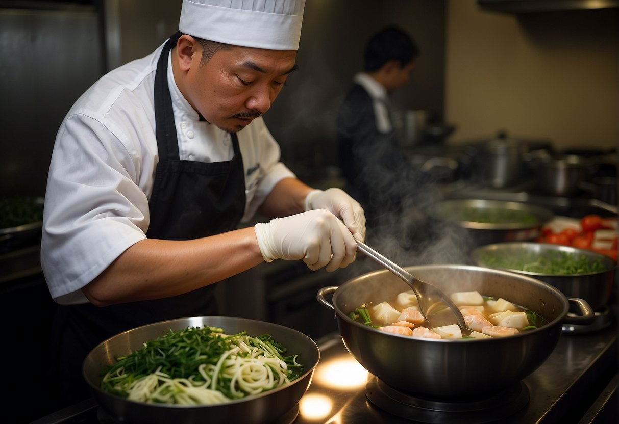 A chef slicing ginger and scallions, boiling fish heads in a large pot, adding aromatic spices, and simmering for a rich Chinese fish head soup