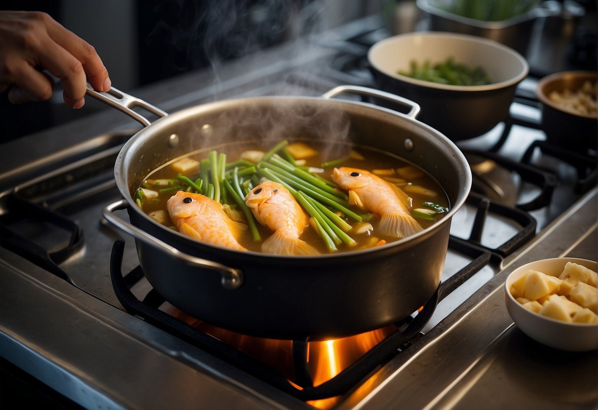 A pot simmers on a stove with fish heads, ginger, and green onions. Steam rises as the soup cooks, filling the air with savory aromas