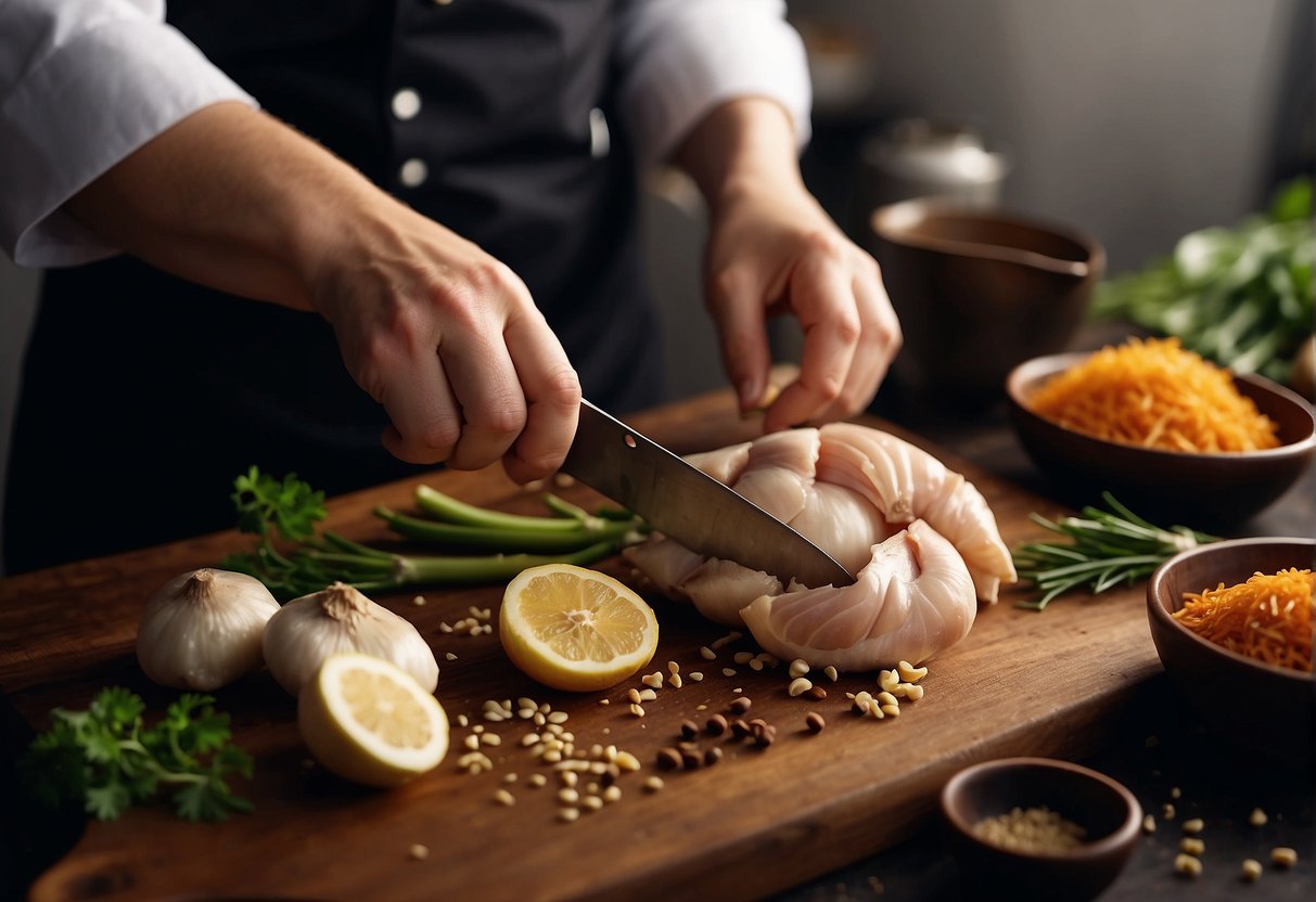 A chef slicing ginger and garlic, then marinating a fish head in soy sauce and spices before cooking