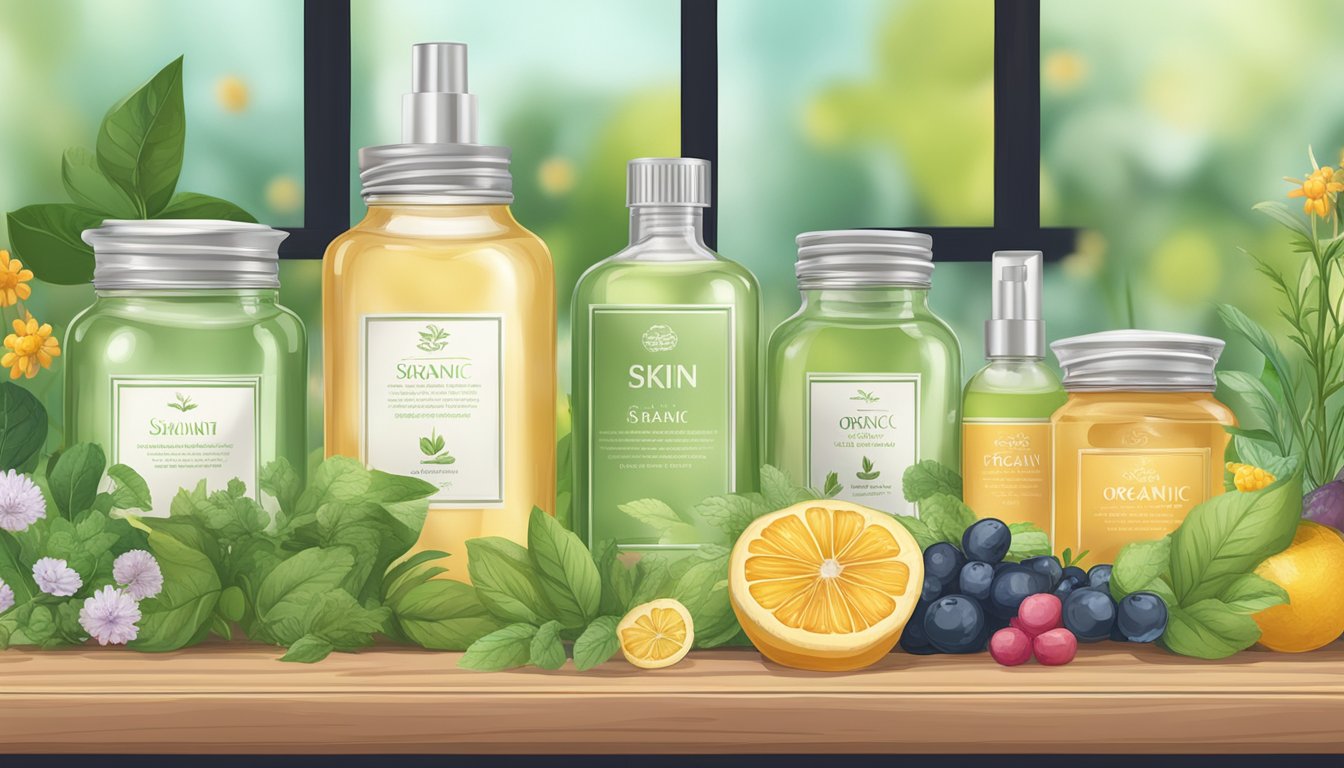 A table with various natural ingredients like herbs, fruits, and flowers. Bottles and jars of organic skin care products are displayed next to them