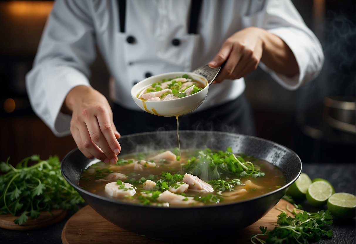 A chef pours steaming fish head soup into a bowl, adding green onions and cilantro for garnish