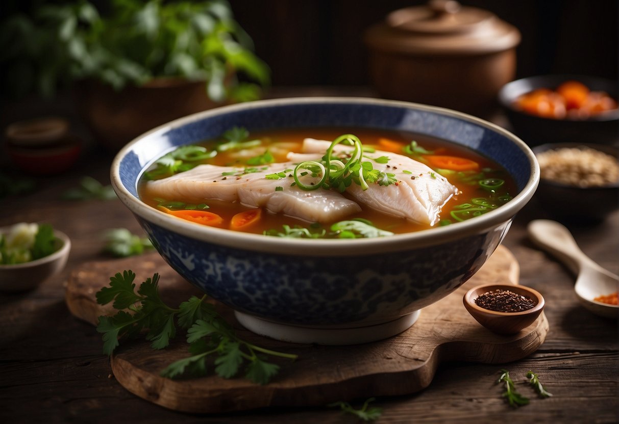 A steaming bowl of Chinese-style fish head soup sits on a rustic wooden table, surrounded by small dishes of chili sauce, soy sauce, and fresh herbs