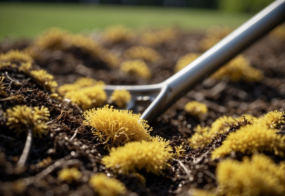 Mulch covered in slime mold being raked and removed with a shovel