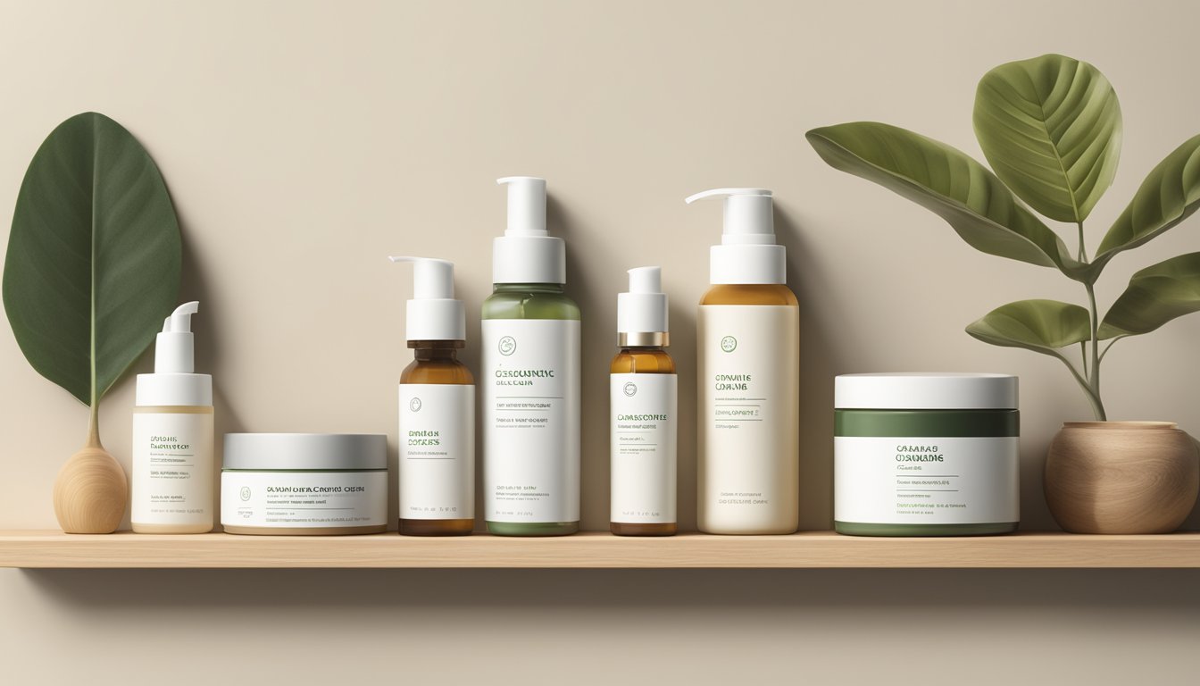 A display of various organic skin care products, including creams, serums, and cleansers, arranged on a clean, minimalist shelf with natural elements like plants and wood accents