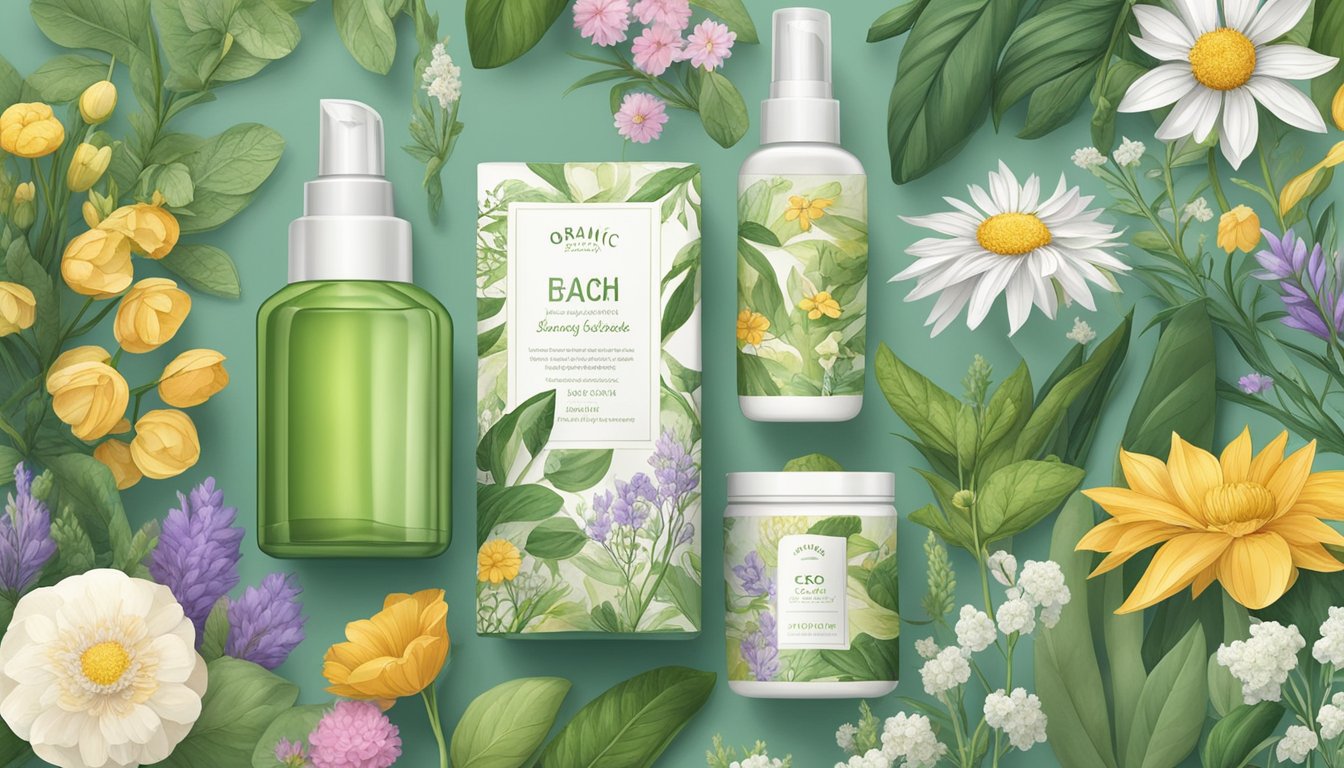 A lush garden with blooming flowers and thriving plants, surrounded by eco-friendly packaging and ethically sourced ingredients for organic skincare products