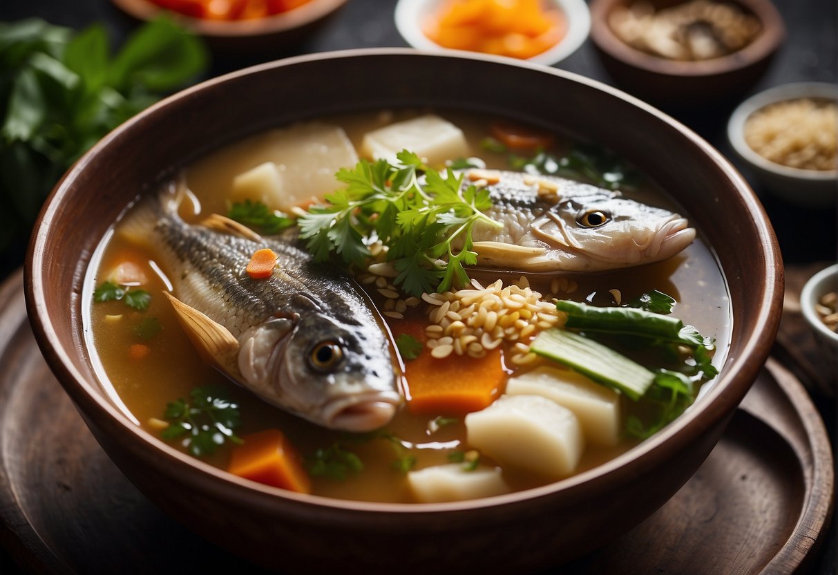 A steaming bowl of Chinese fish head soup surrounded by traditional Chinese herbs and spices