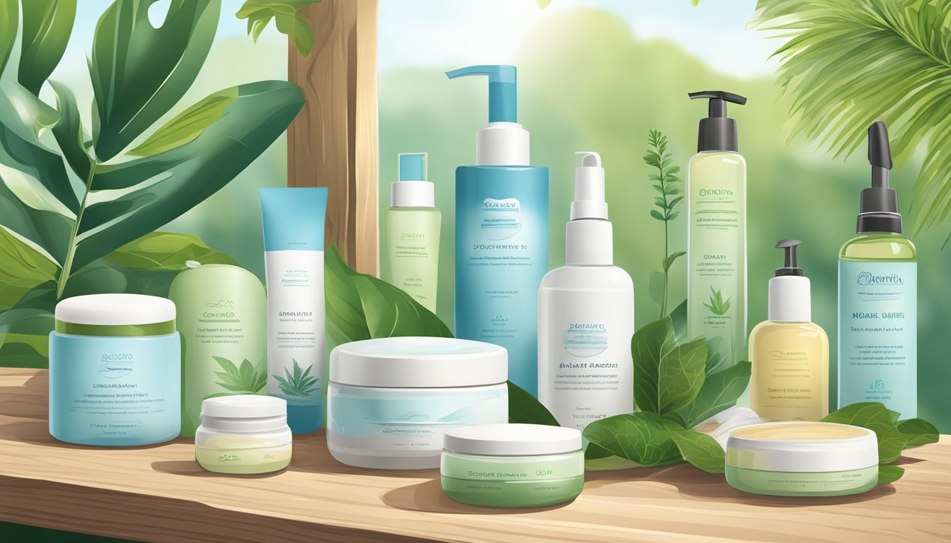 A serene, all-natural setting with lush greenery and a clear blue sky, featuring a variety of organic skin care products neatly displayed on a wooden table