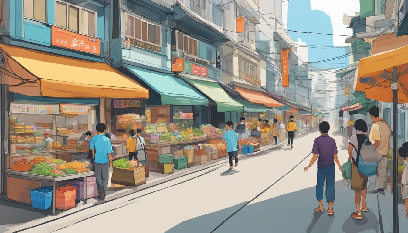 A bustling street in Singapore, with colorful storefronts and signs advertising lunch boxes. People walk by, some stopping to examine the various options available for purchase
