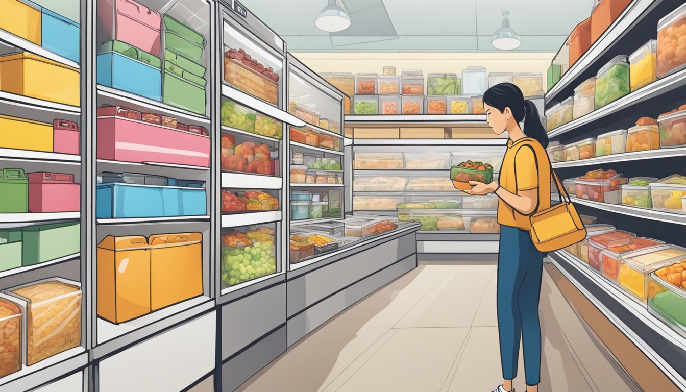 A shopper carefully examines various lunch boxes on display at a store in Singapore, comparing sizes, colors, and designs
