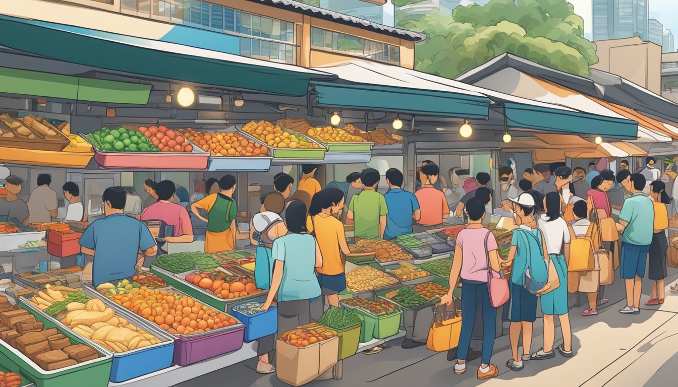A bustling market stall in Singapore displays an array of colorful lunch boxes, with eager customers browsing and pointing at their preferred choices