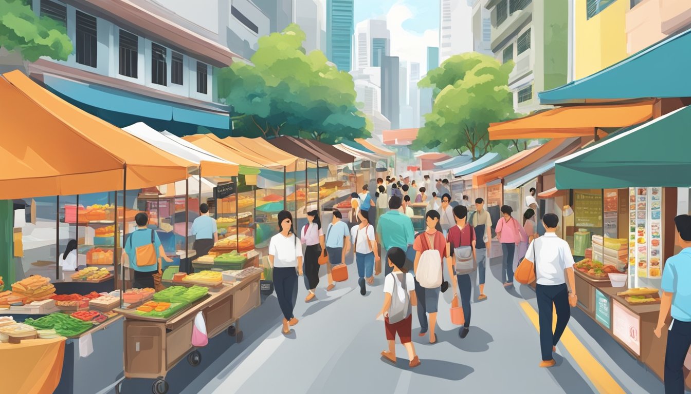 A bustling Singapore street with colorful food stalls and signs advertising lunch boxes for sale. People walking and browsing