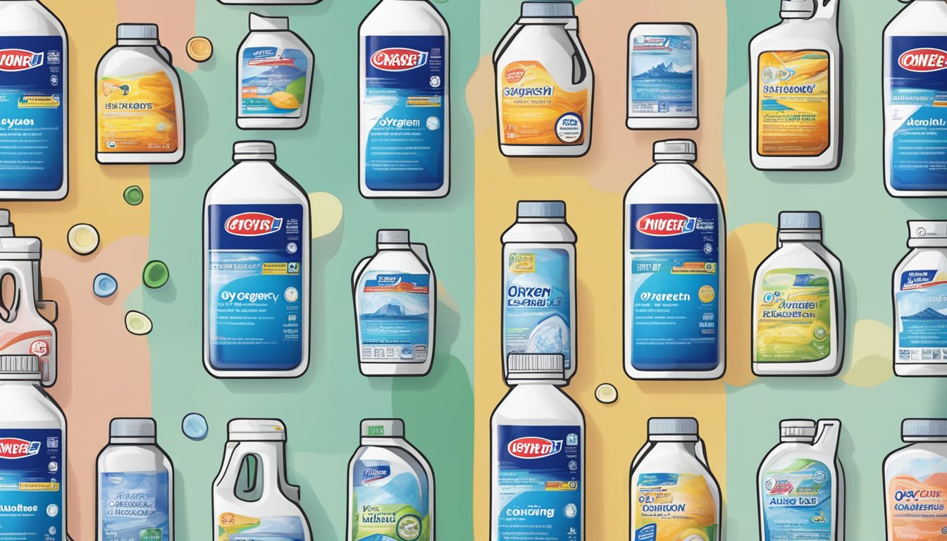 A bottle of oxygen bleach sits next to a pile of stained laundry. Various brands' labels are visible on the bottles