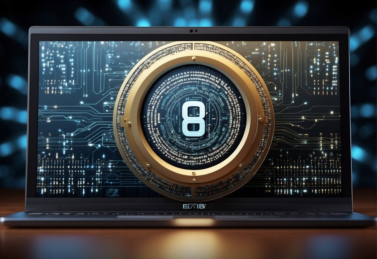 A computer screen displaying an "AI Copyright" logo with binary code and circuit patterns in the background