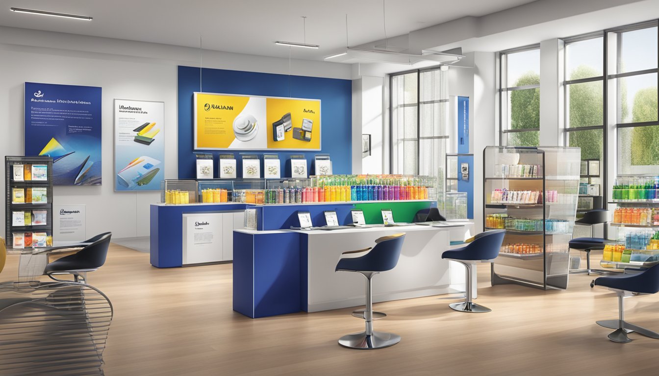 A vibrant display of Pelikan brand products in a modern, sleek setting with bold branding and eye-catching colors