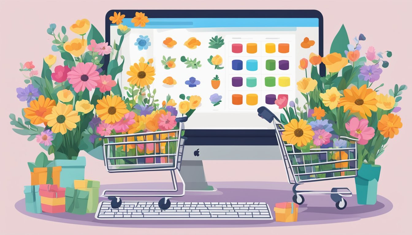 Colorful flowers fill a virtual shopping cart on a computer screen. Text reads "buy bulk flowers online."