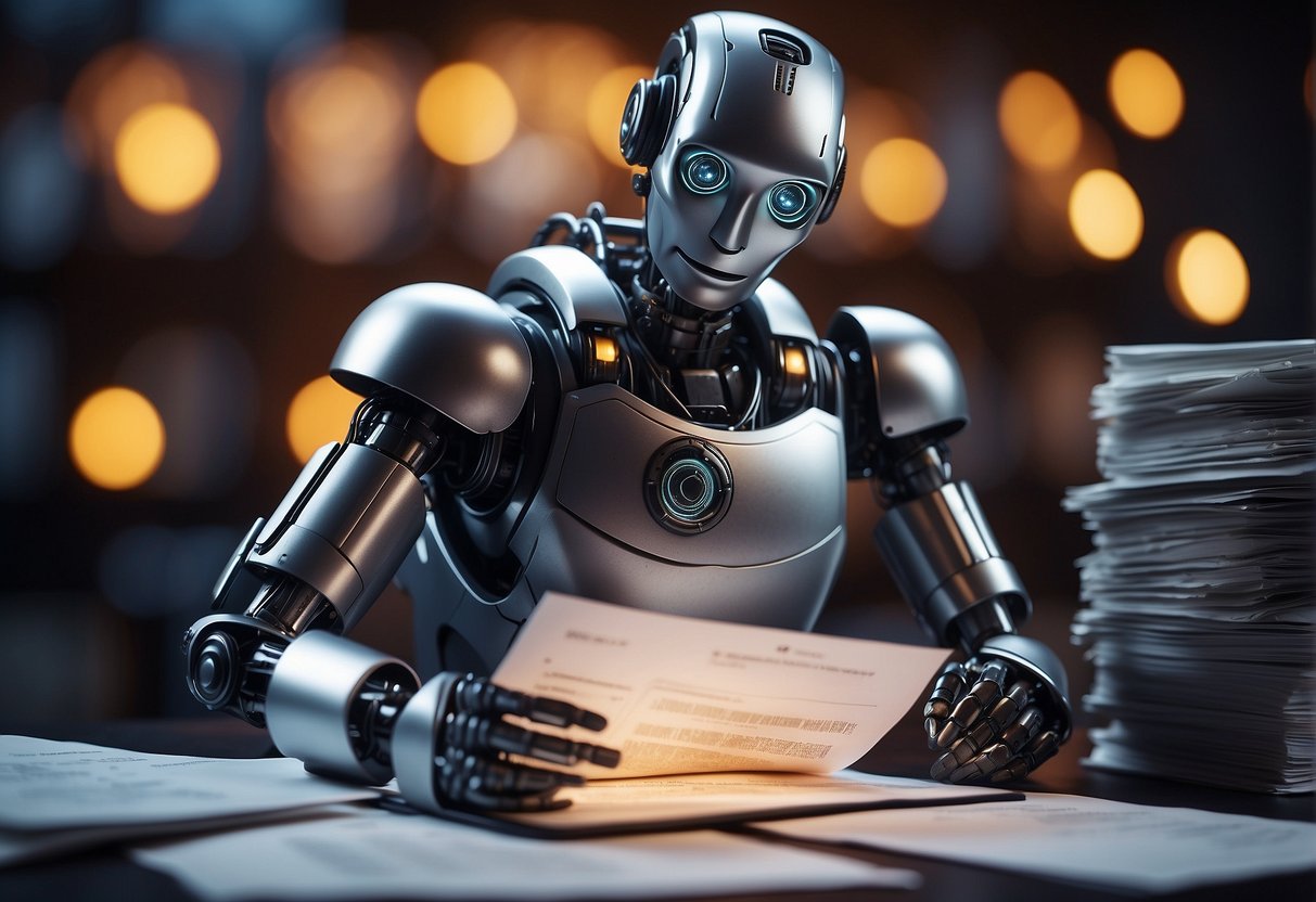 A robot creating AI artwork, surrounded by legal documents and copyright symbols