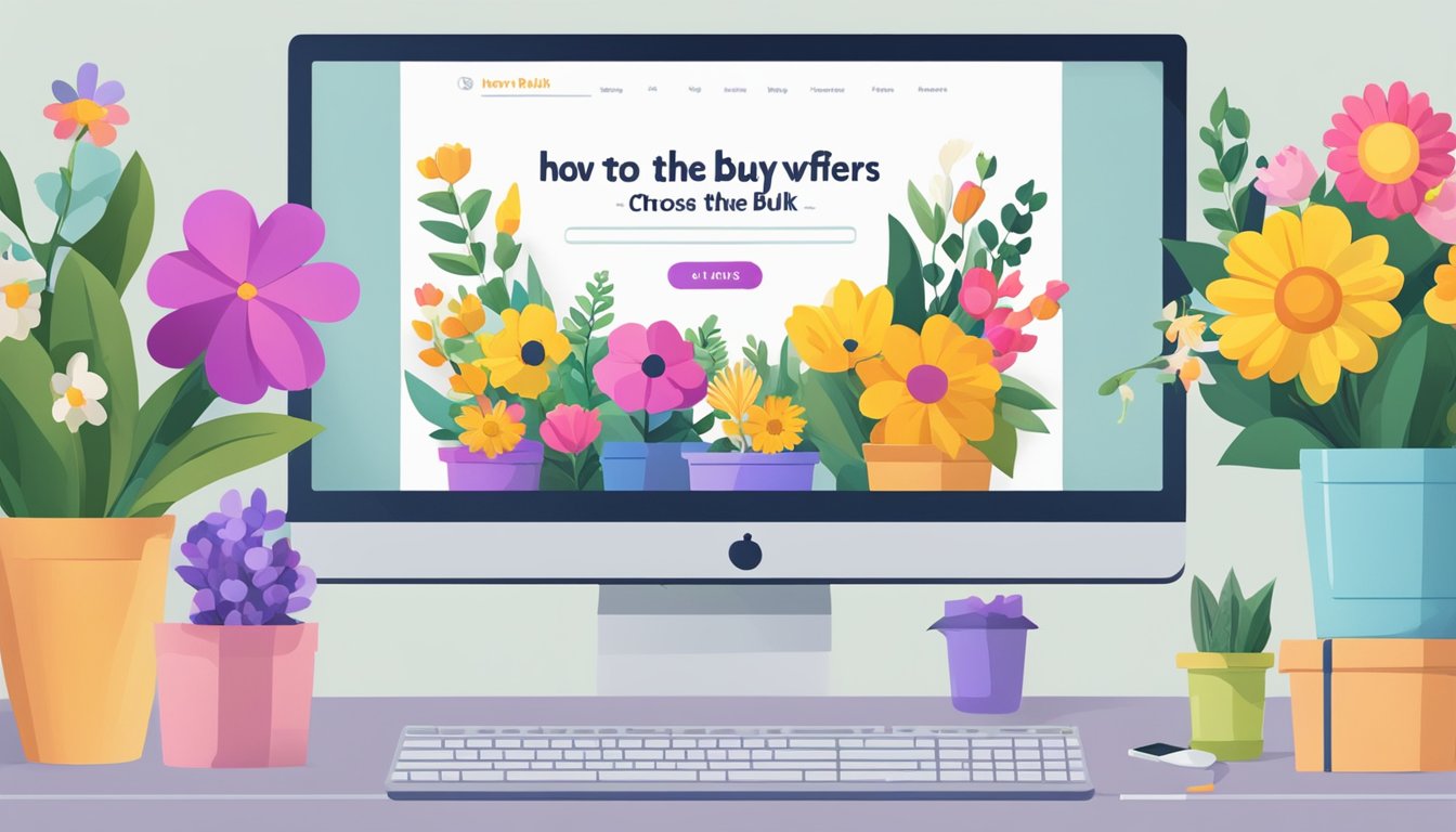 Brightly colored flowers arranged in various containers, with a computer and packages nearby. Text reading "How to Choose the Best Bulk Flower Supplier buy bulk flowers online" displayed on the screen