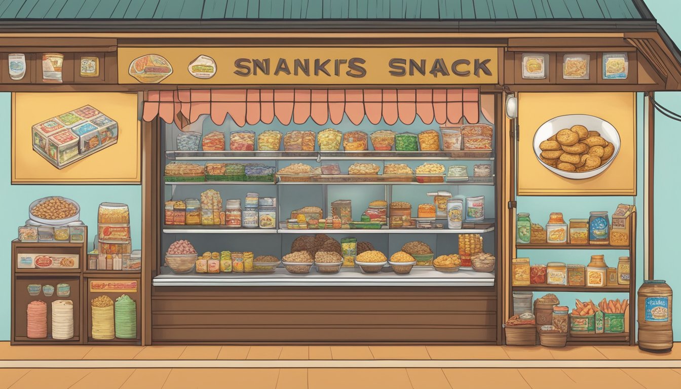 A display of diverse snacks from around the world, showcasing their cultural significance. The scene is set in a nostalgic old school snack shop in Singapore
