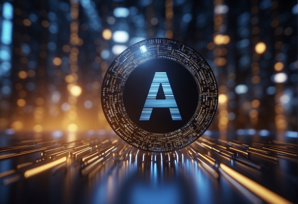 A computer generating lines of code while a copyright symbol hovers above, with the letters "AI" in the background