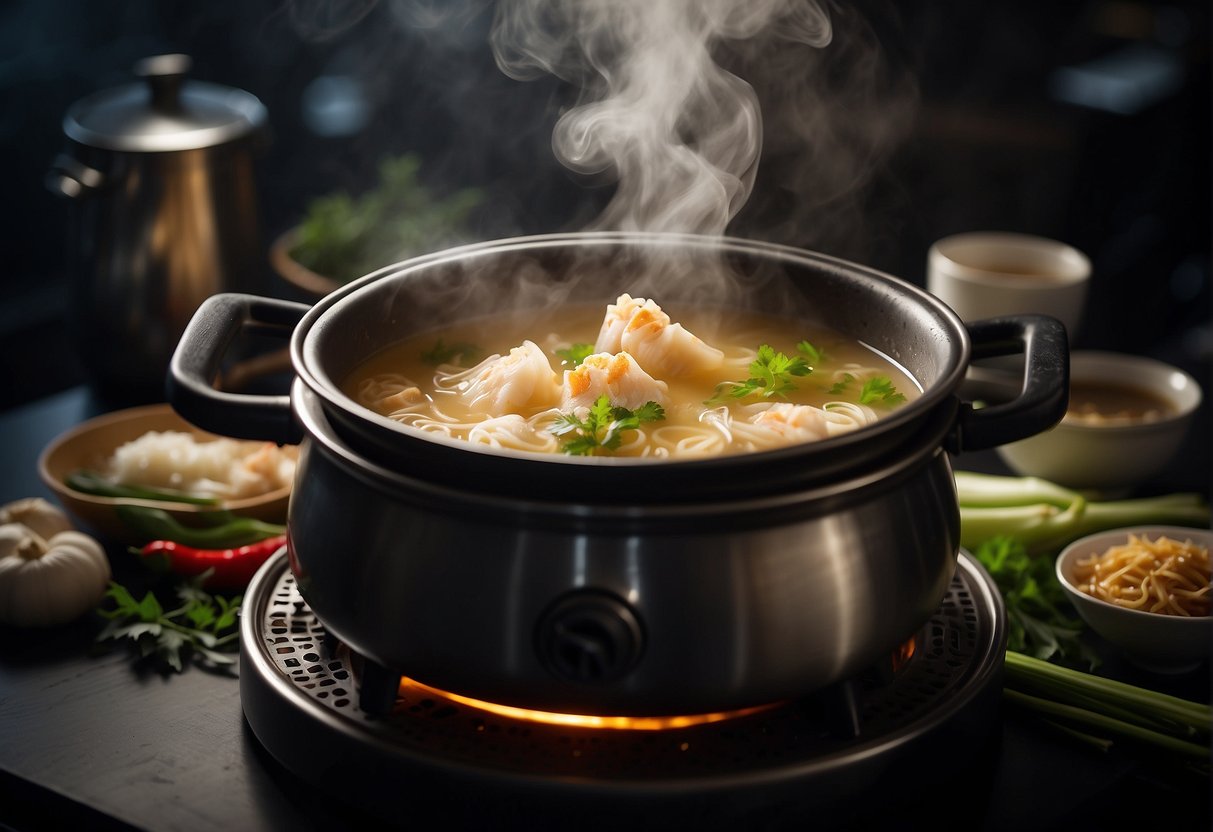 A steaming pot of fish maw soup simmers on a stove, filled with aromatic Chinese herbs and tender pieces of fish maw floating in the flavorful broth