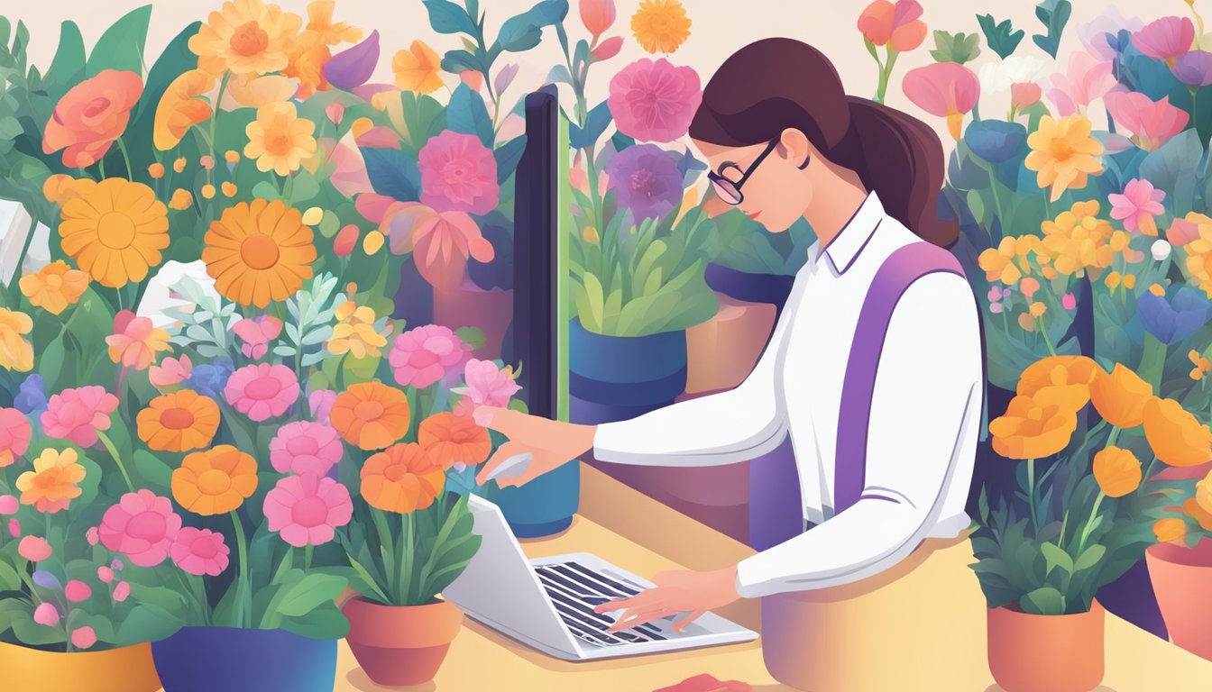 Customers browsing colorful flowers, typing inquiries, and selecting options on a user-friendly website interface