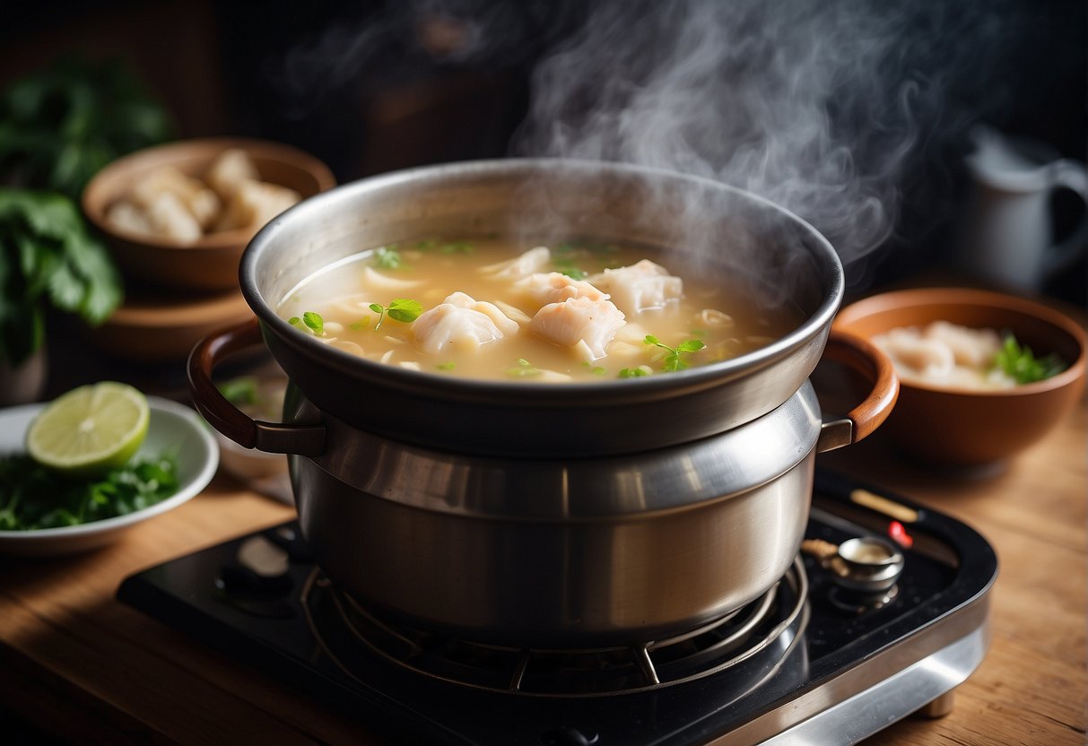 A steaming pot of fish maw soup simmers on a stove, filled with rich broth, tender fish maw, and fragrant Chinese herbs