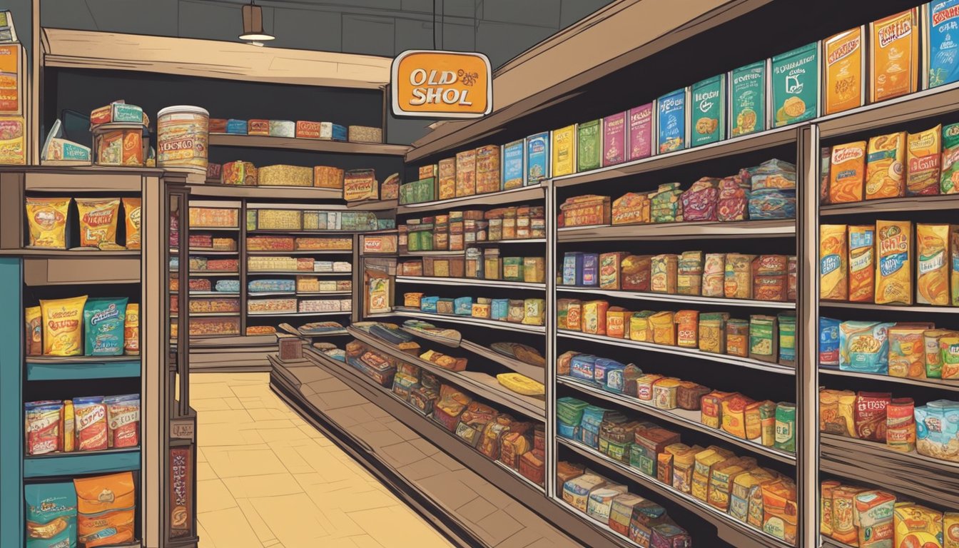 Shelves stocked with vintage snacks at a Singapore store. Labels display "old school" branding. Customers browse the selection