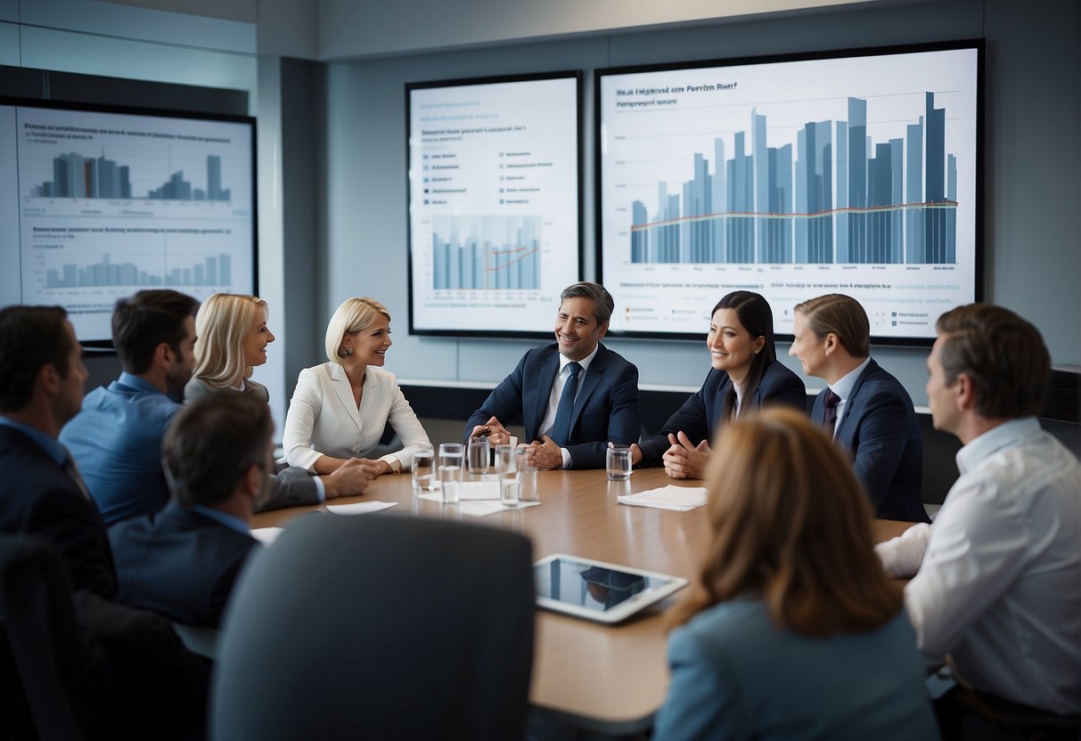 A group of people gather to discuss policy, public engagement, and reform. Charts and graphs are displayed, while lively conversation fills the room