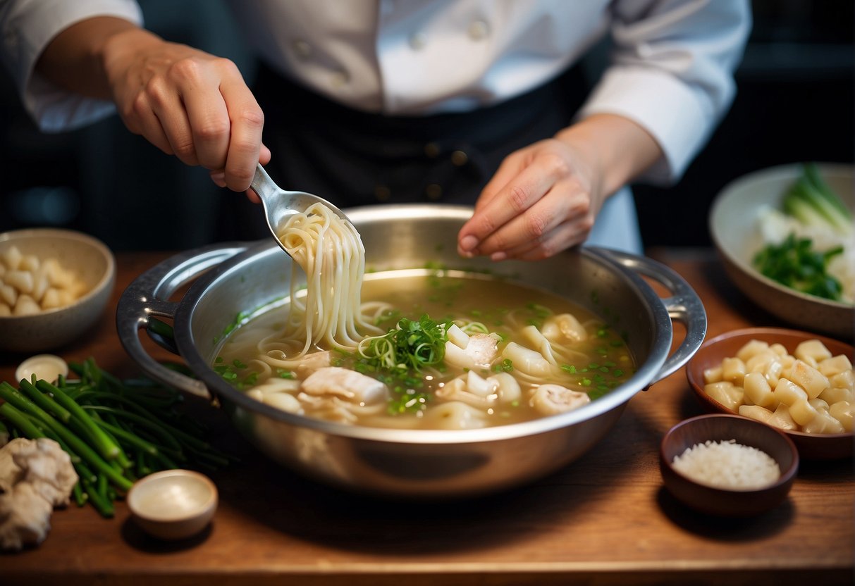A chef carefully simmers fish maw in a flavorful broth with ginger, scallions, and mushrooms, creating a traditional Chinese fish maw soup
