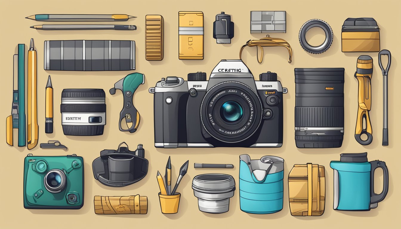 A camera surrounded by various tools and props, with the brand name "Crafting Your Identity" displayed prominently in the background