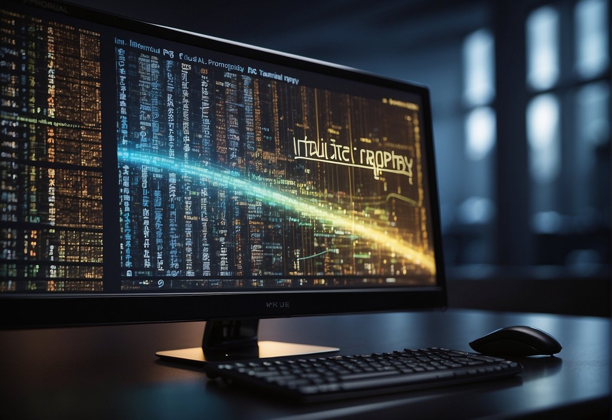 A computer screen displaying a complex algorithm with the words "Intellectual Property and AI Training Data ai copyright" prominently featured