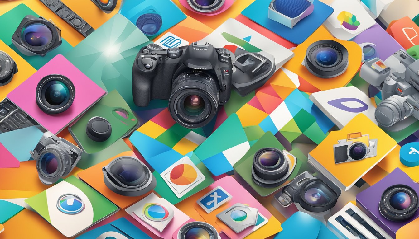 A camera capturing a vibrant array of photography brand logos against a clean, modern backdrop