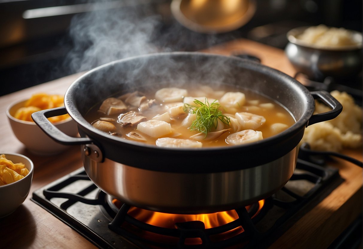 A pot simmers on a stove. Fish maw, ginger, and mushrooms float in the fragrant broth. Steam rises, filling the kitchen with savory aromas