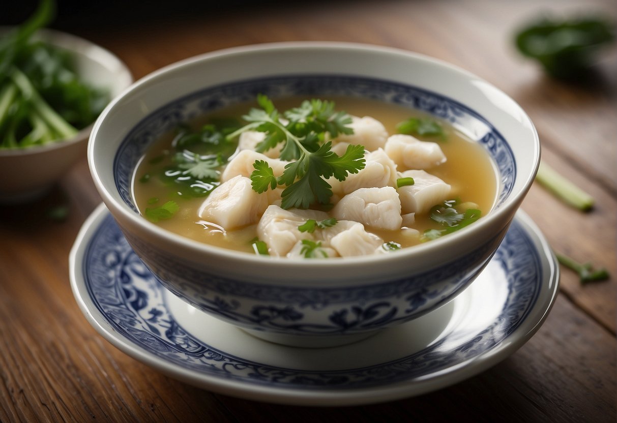 A steaming bowl of fish maw soup garnished with fresh cilantro and sliced green onions is placed on a delicate porcelain saucer, ready to be served