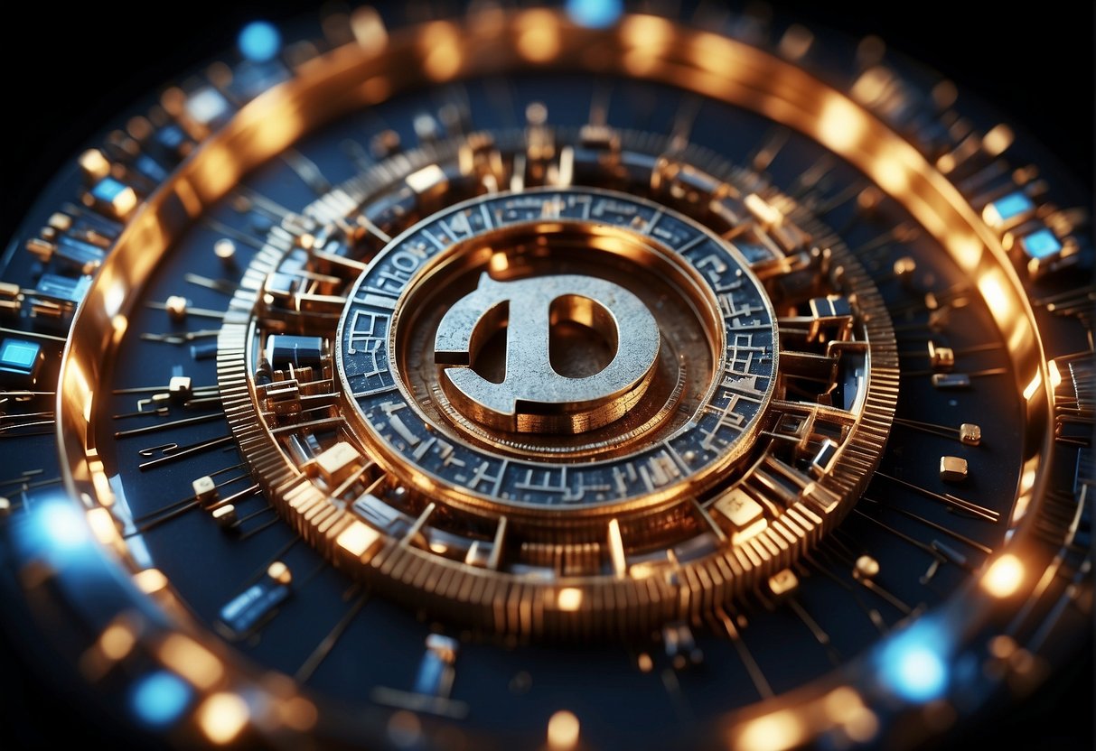 A computer-generated image of a copyright symbol colliding with various creative industry symbols, causing a ripple effect and disruption