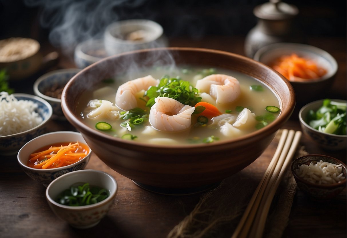 A steaming bowl of fish maw soup surrounded by traditional Chinese ingredients and utensils