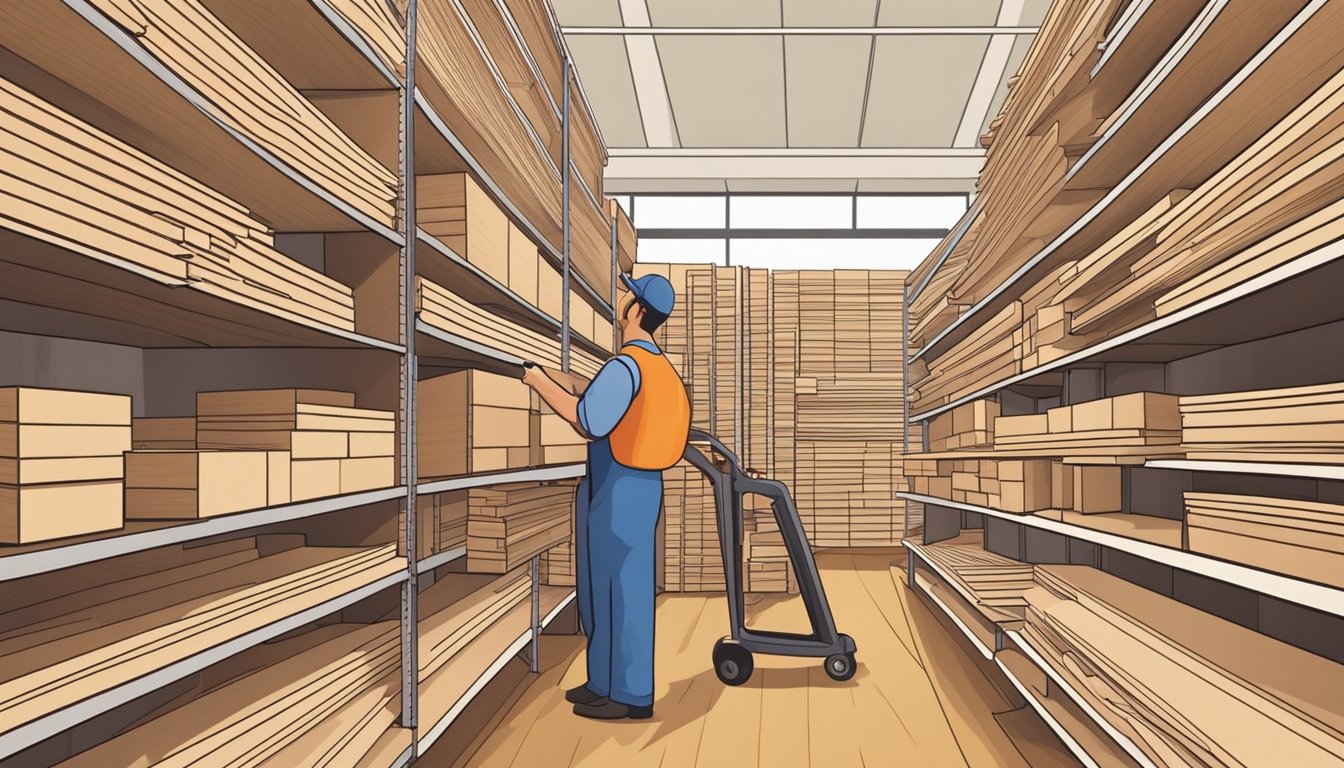 A customer selects plywood from a stack at a hardware store in Singapore. The shelves are filled with various sizes and types of plywood, neatly organized for easy access