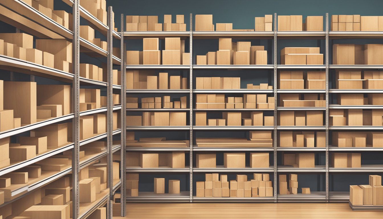 A hardware store shelves filled with plywood stacks in Singapore