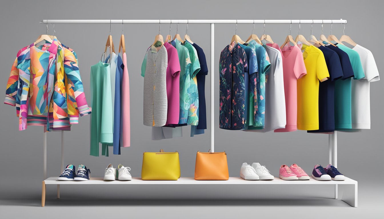 A colorful display of pony clothing brand's latest collection on a sleek, modern clothing rack. Bright and playful patterns and designs adorn the garments